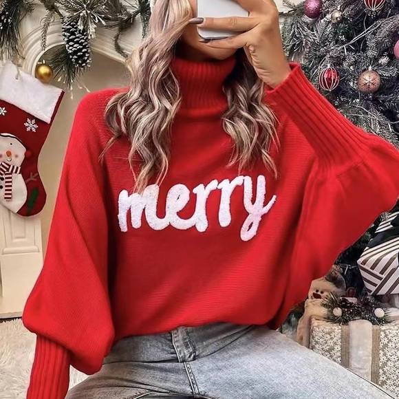 Sweaters - MERRY Red Turtleneck Wide Sleeve Sweater